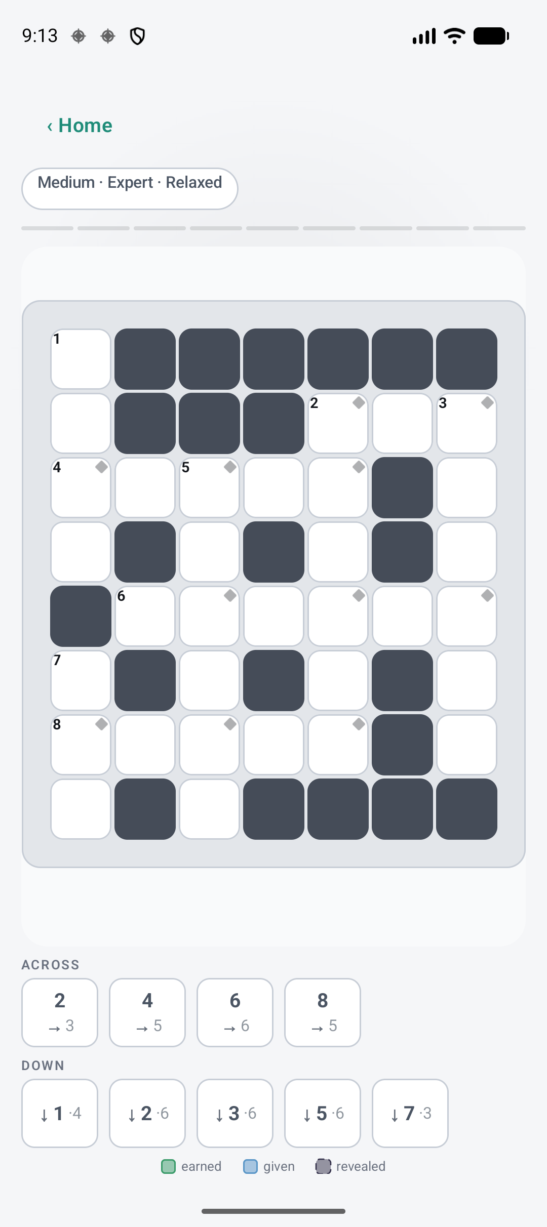 Dolen's Medium, Expert, Relaxed puzzle grid: a larger board with mixed word lengths, not yet started.