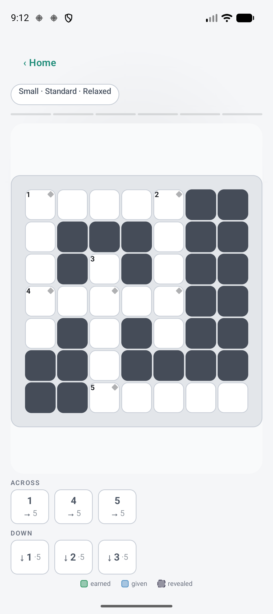 Dolen's Small, Standard, Relaxed puzzle grid: a 5x5 crossword-style board of interlocking words, not yet started.