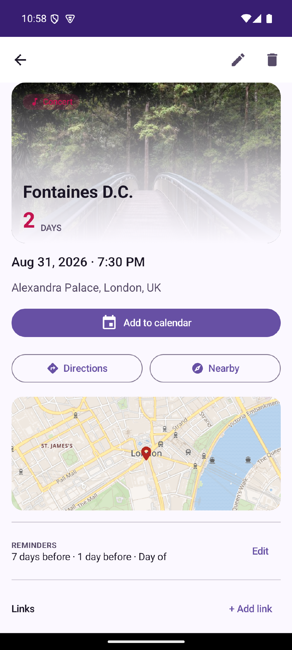 NextUp's event detail screen for a concert, showing the date, venue, an embedded map, and Add to calendar, Directions, and Nearby actions.