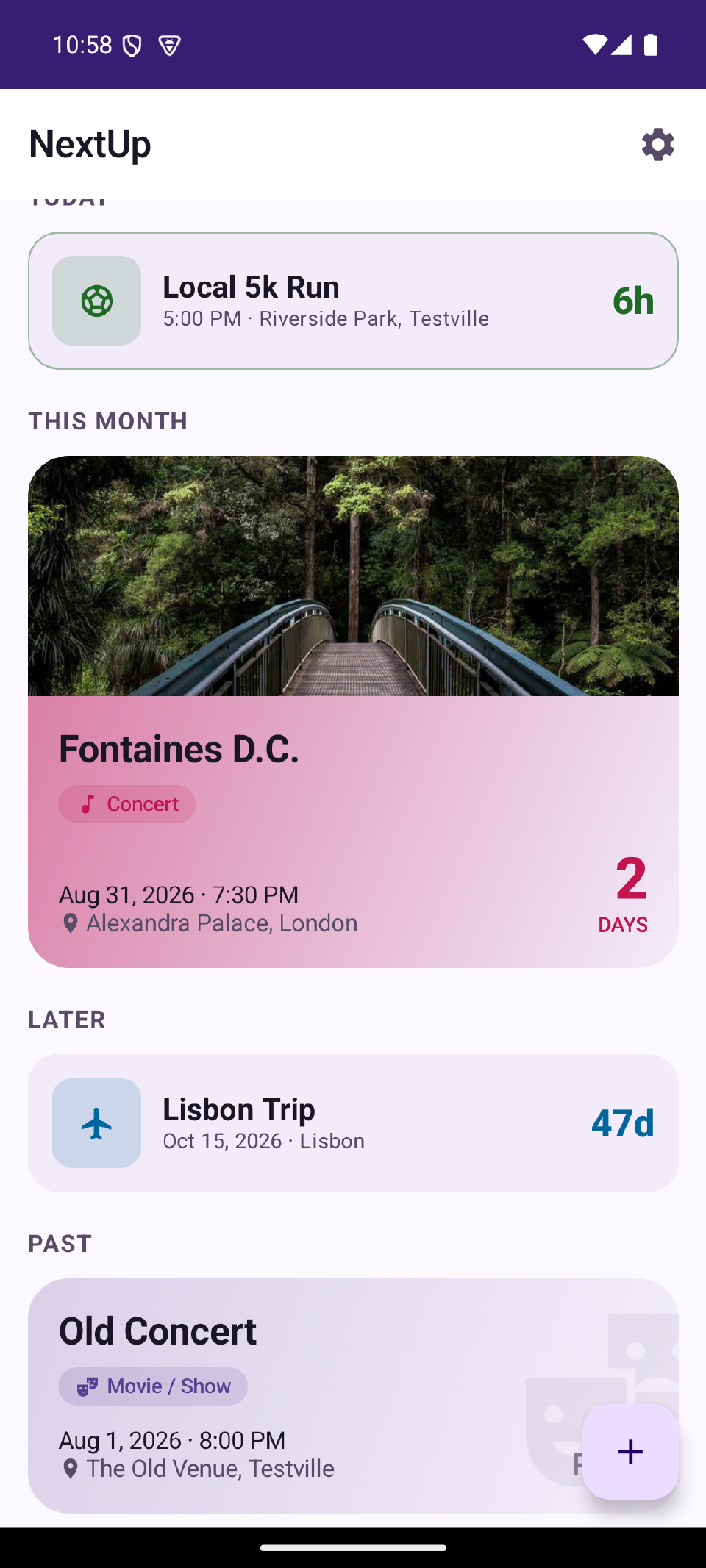 NextUp's home dashboard, showing upcoming events grouped into Today, This Month, Later, and Past, each with a live countdown.