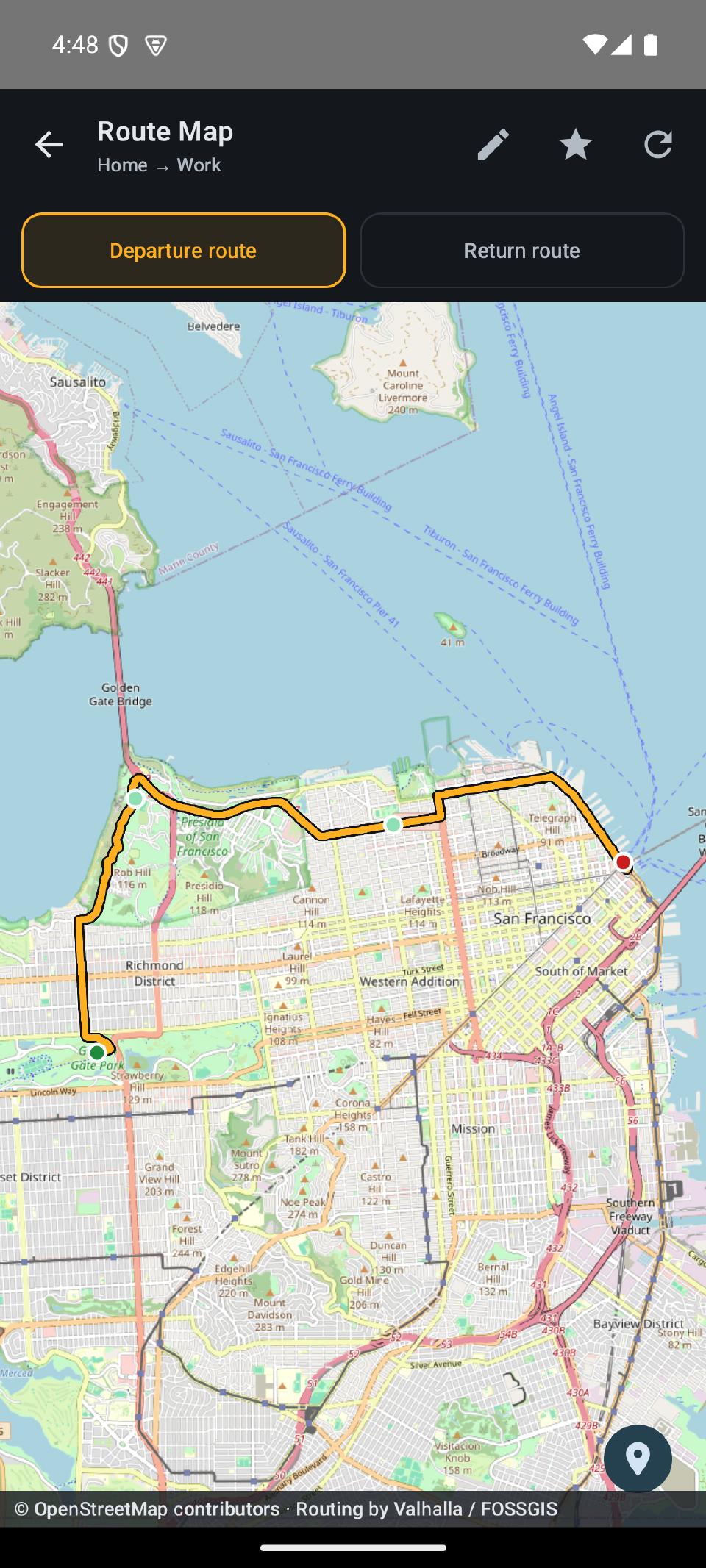 RideCast's route map, showing the actual routed path between two points rather than a straight line.
